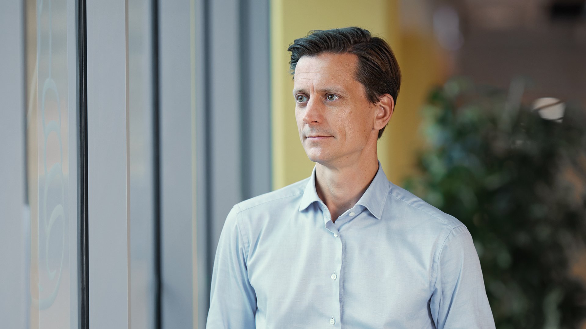 a man in a blue shirt