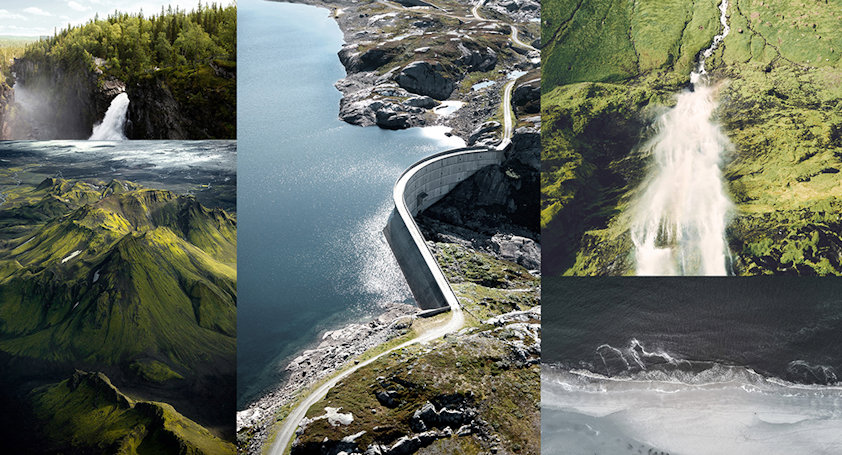 Collage with waterfalls and hydro dam