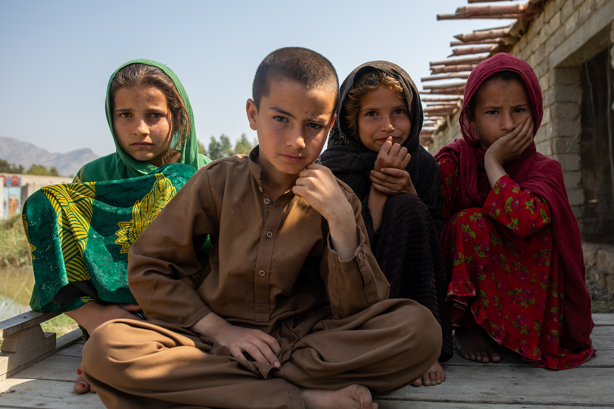 Ghazi (9) Ghainullah (8) Salman (7) og Basra (6) fra Afghanistan, foran hønsehuset som familien må bo i. Familien ble fordrevet fra hjemmet sitt på grunn av konflikten mellom Pakistan og Afghanistan.