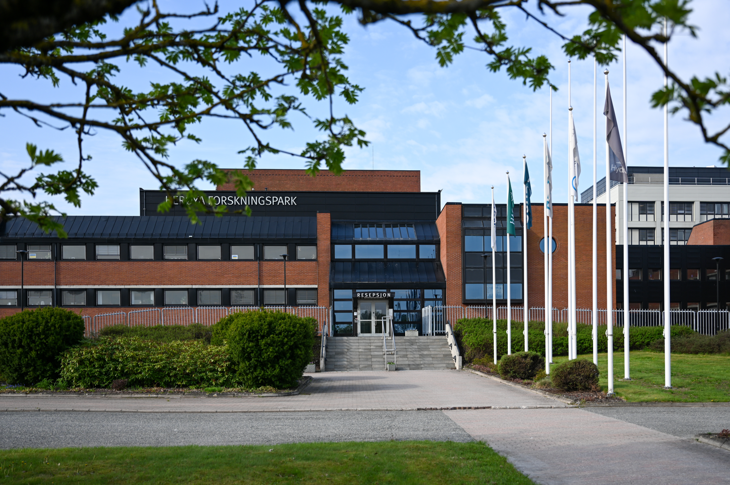 a building with flags in front of it
