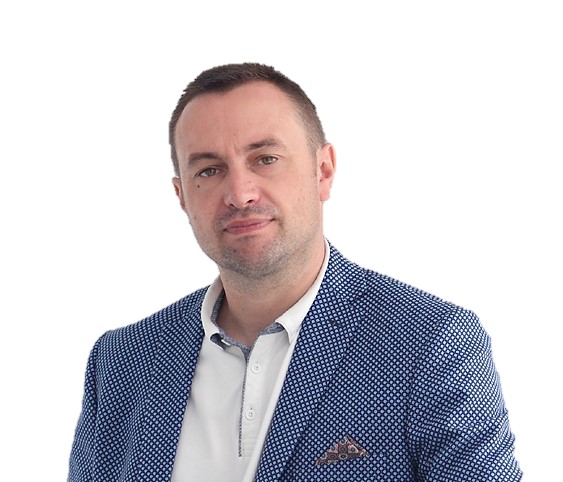 a man in a blue shirt