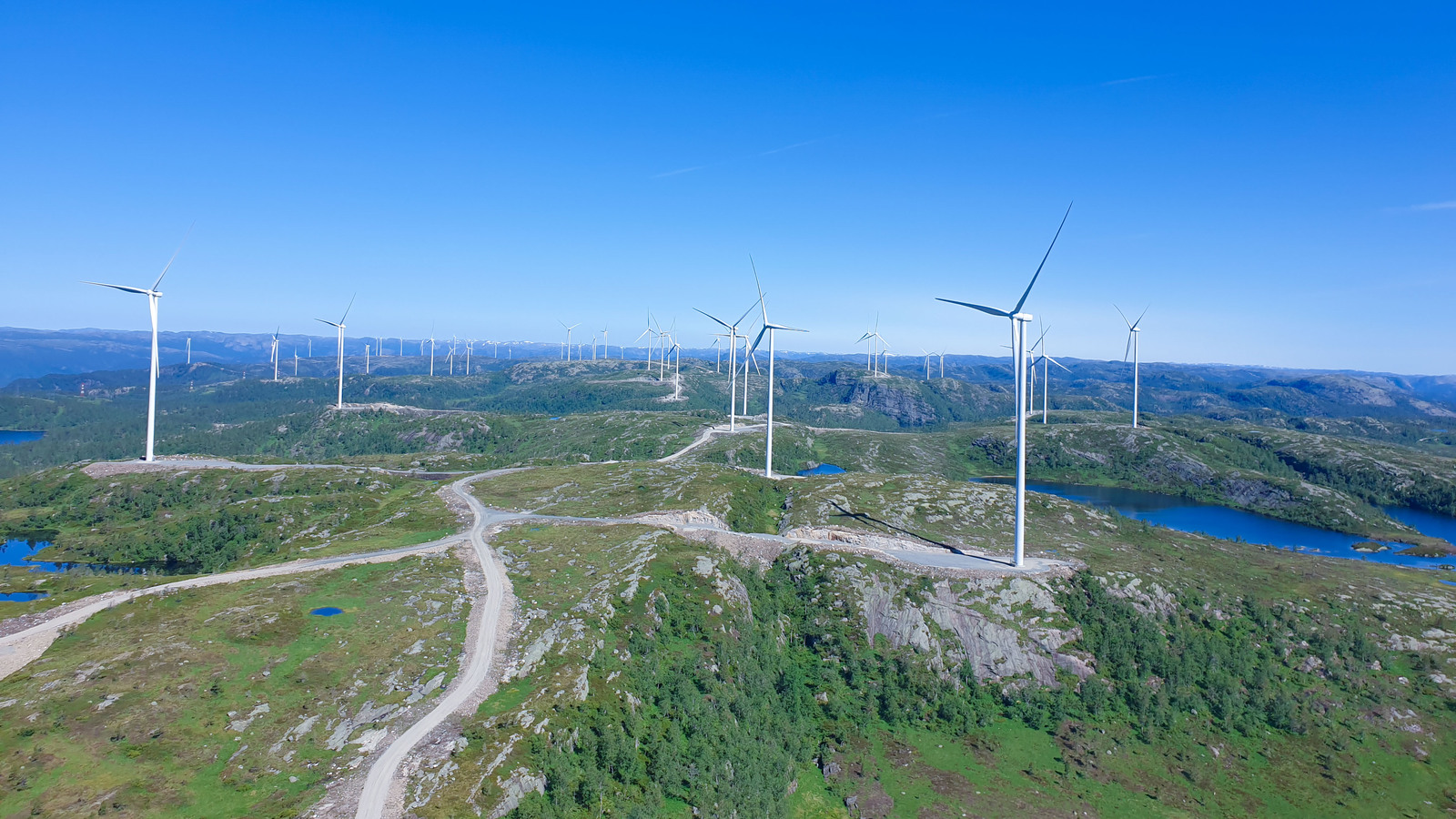 a road with windmills on the side